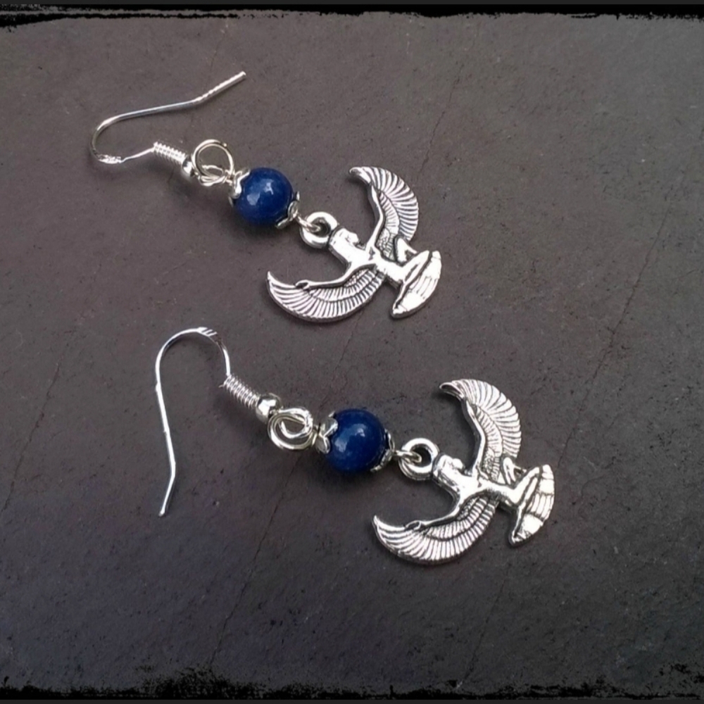 Sterling silver Egyptian goddess isis and lapilazulli drop earrings